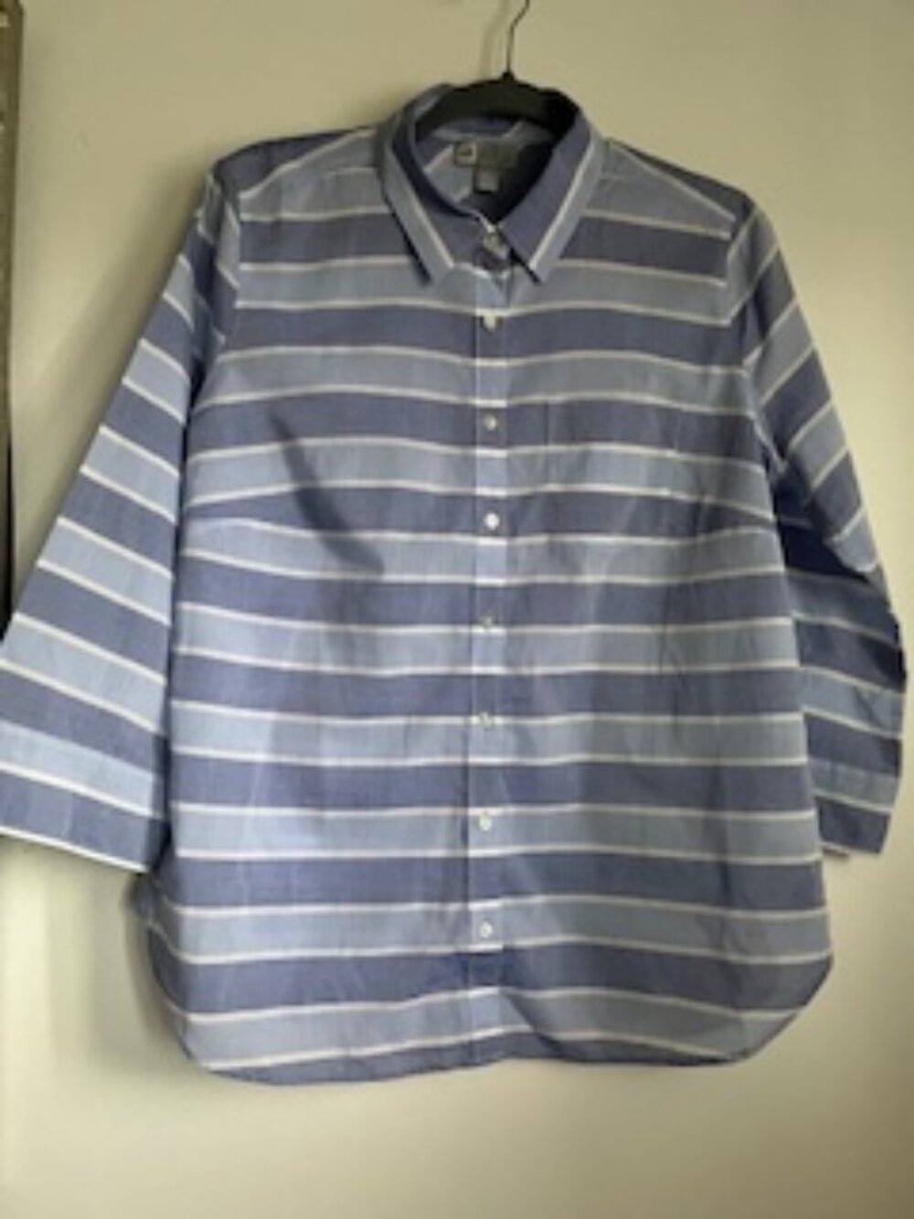 🧡3/15 JCP Semi Sheer Light Blue Stripes Cotton Shirt Women's L